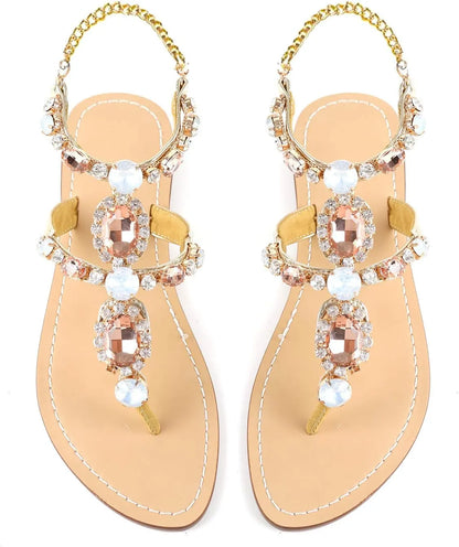Women’s Rhinestone Gladiator Flat Sandals - Sparkly Crystal Bridal & Beach Wedding Sandals