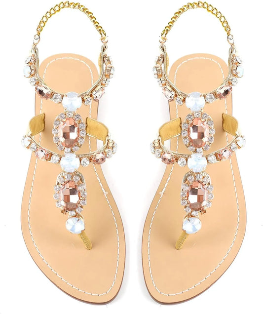 Women’s Rhinestone Gladiator Flat Sandals - Sparkly Crystal Bridal & Beach Wedding Sandals