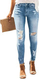 Women’s Ripped Skinny Jeans - Mid Waist Distressed Stretch Denim Pants with Raw Tassel Hem