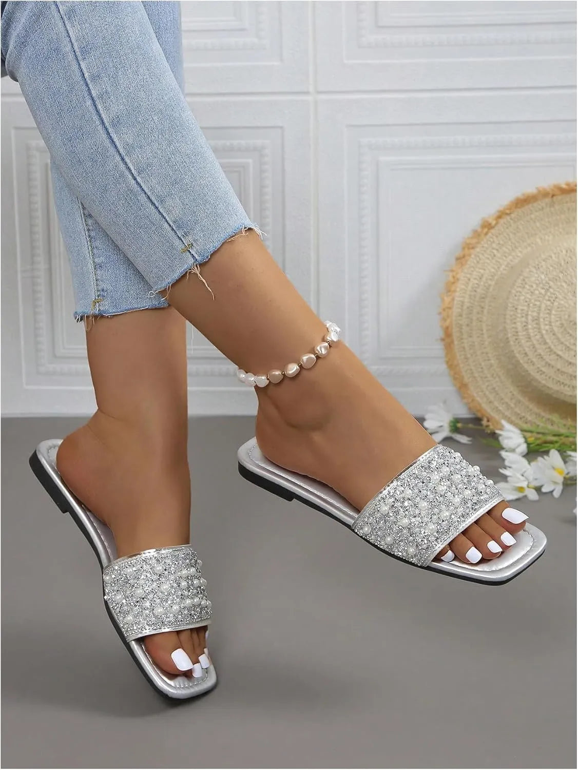 Women’s Rhinestone Flat Sandals - Squared Slip-On Open Toe Summer Slides with Pearl Accents