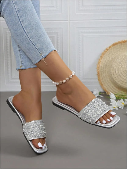 Women’s Rhinestone Flat Sandals - Squared Slip-On Open Toe Summer Slides with Pearl Accents