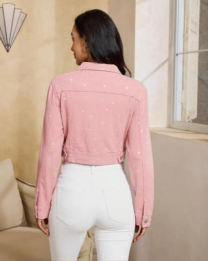 Rhinestone Cropped Denim Jacket for Women - Sparkly Y2K Party & Casual Blazer