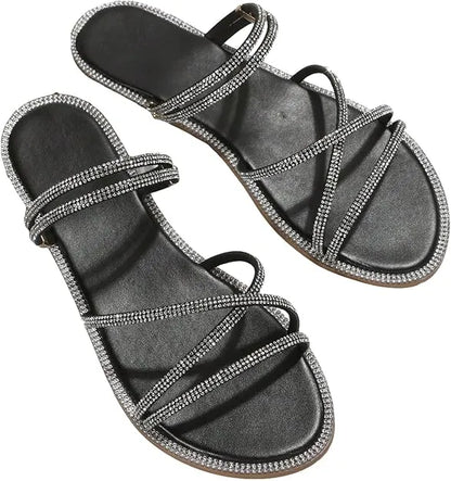 Women’s Rhinestone Strappy Flat Sandals - Sparkling Open Toe Summer Slides for Casual & Party Wear