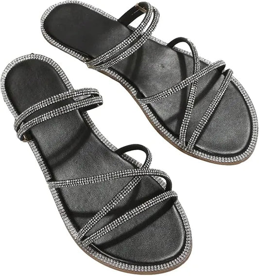 Women’s Rhinestone Strappy Flat Sandals - Sparkling Open Toe Summer Slides for Casual & Party Wear