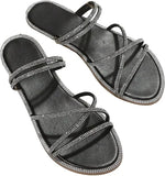 Women’s Rhinestone Strappy Flat Sandals - Sparkling Open Toe Summer Slides for Casual & Party Wear