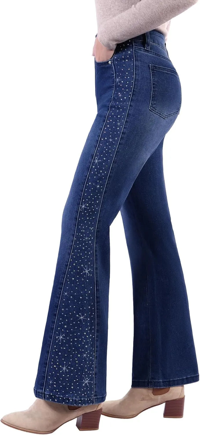 Rhinestone Bootcut Jeans for Women - High Waist Wide Leg Sparkly Denim Pants