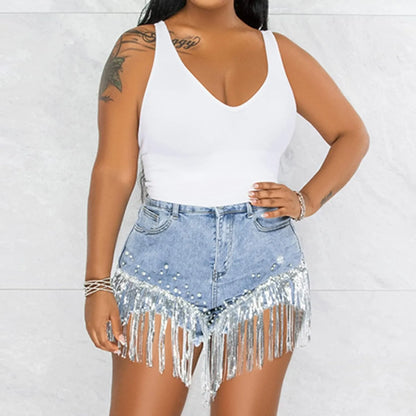Women’s High-Waisted Denim Shorts with Rhinestone & Pearl Tassels - Frayed Raw Hem Summer Shorts