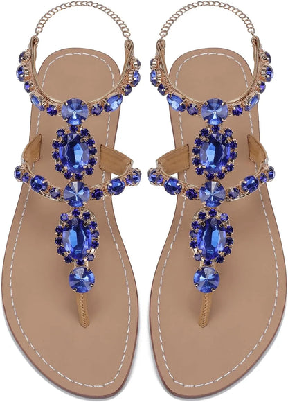 Women’s Rhinestone Gladiator Flat Sandals - Sparkly Crystal Bridal & Beach Wedding Sandals