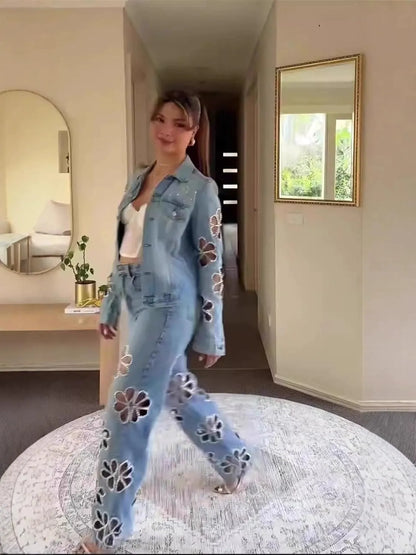 Y2K Rhinestone Denim Jacket & Pants Set for Women - Sparkly Two-Piece Streetwear Outfit