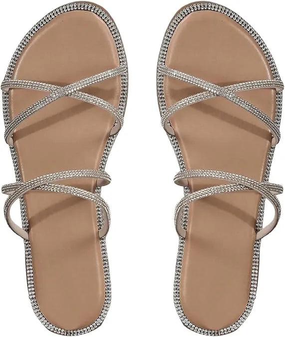 Women’s Rhinestone Strappy Flat Sandals - Sparkling Open Toe Summer Slides for Casual & Party Wear