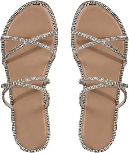 Women’s Rhinestone Strappy Flat Sandals - Sparkling Open Toe Summer Slides for Casual & Party Wear