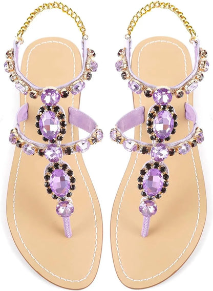 Women’s Rhinestone Gladiator Flat Sandals - Sparkly Crystal Bridal & Beach Wedding Sandals