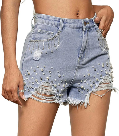 Women’s High-Waisted Denim Shorts with Rhinestone & Pearl Tassels – Frayed Raw Hem Summer Shorts