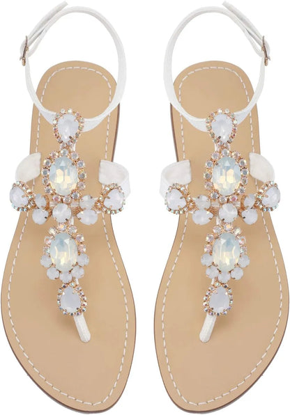 Women’s Rhinestone Gladiator Flat Sandals - Sparkly Crystal Bridal & Beach Wedding Sandals