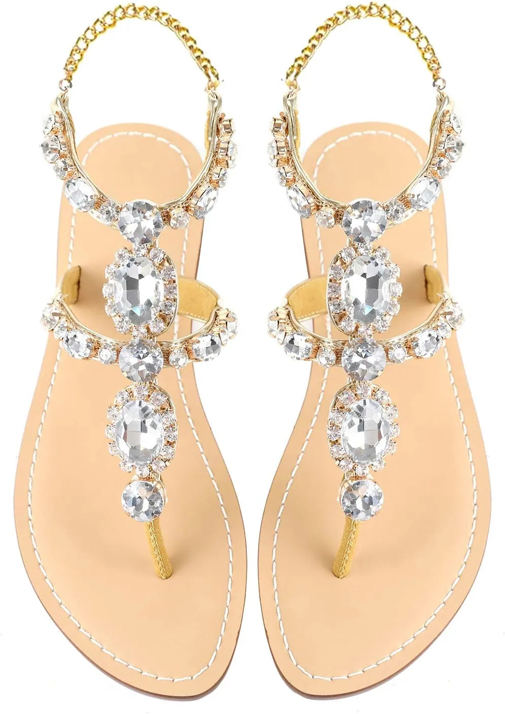 Women’s Rhinestone Gladiator Flat Sandals - Sparkly Crystal Bridal & Beach Wedding Sandals