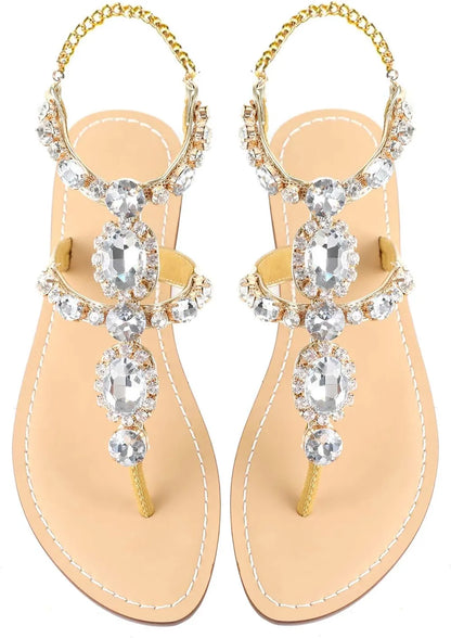 Women’s Rhinestone Gladiator Flat Sandals - Sparkly Crystal Bridal & Beach Wedding Sandals