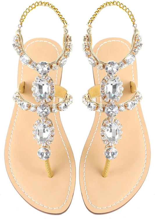 Women’s Rhinestone Gladiator Flat Sandals - Sparkly Crystal Bridal & Beach Wedding Sandals