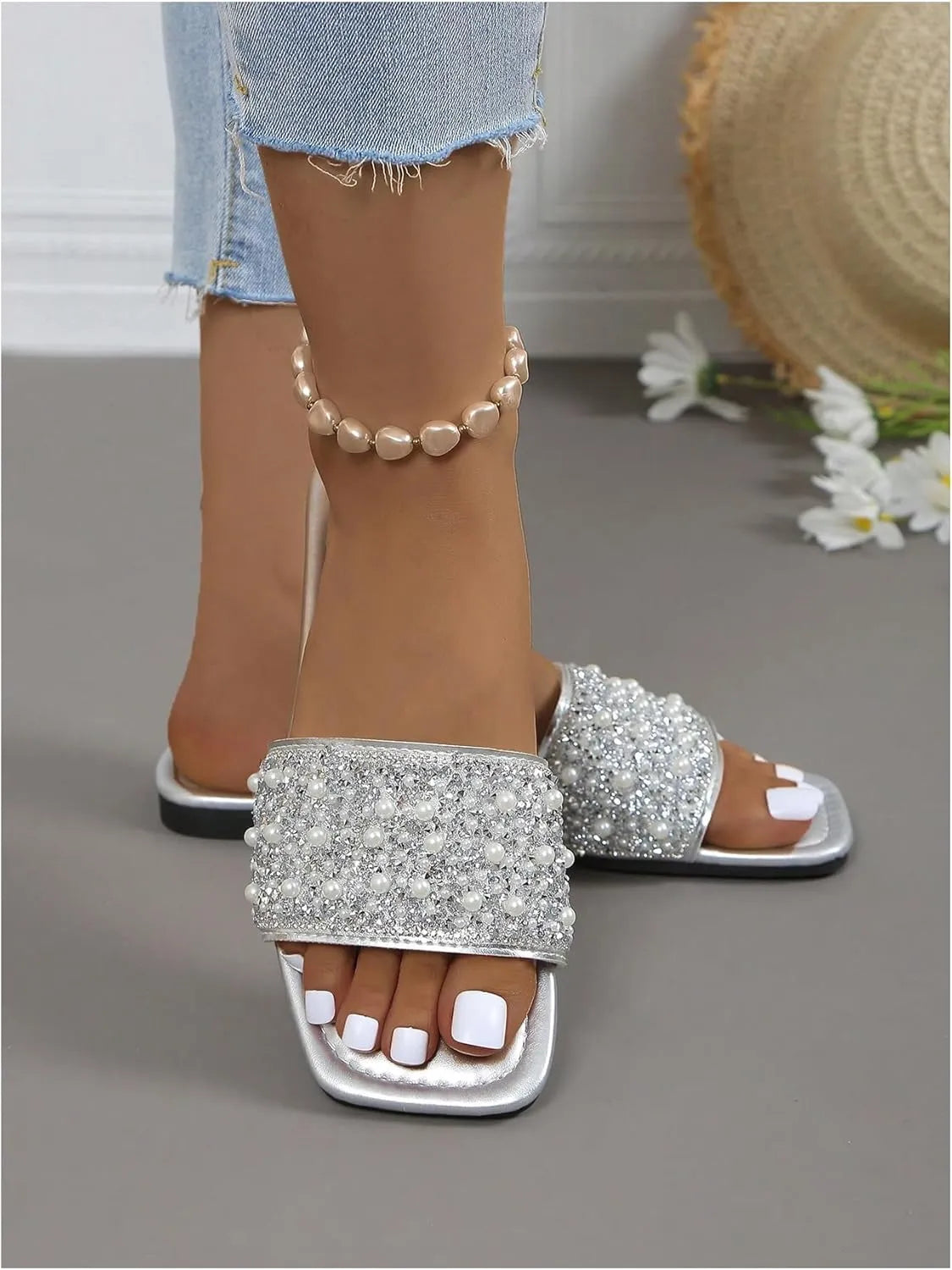 Women’s Rhinestone Flat Sandals - Squared Slip-On Open Toe Summer Slides with Pearl Accents