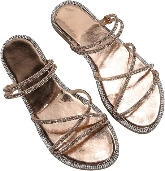 Women’s Rhinestone Strappy Flat Sandals - Sparkling Open Toe Summer Slides for Casual & Party Wear