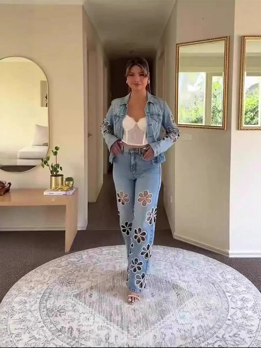 Y2K Rhinestone Denim Jacket & Pants Set for Women - Sparkly Two-Piece Streetwear Outfit