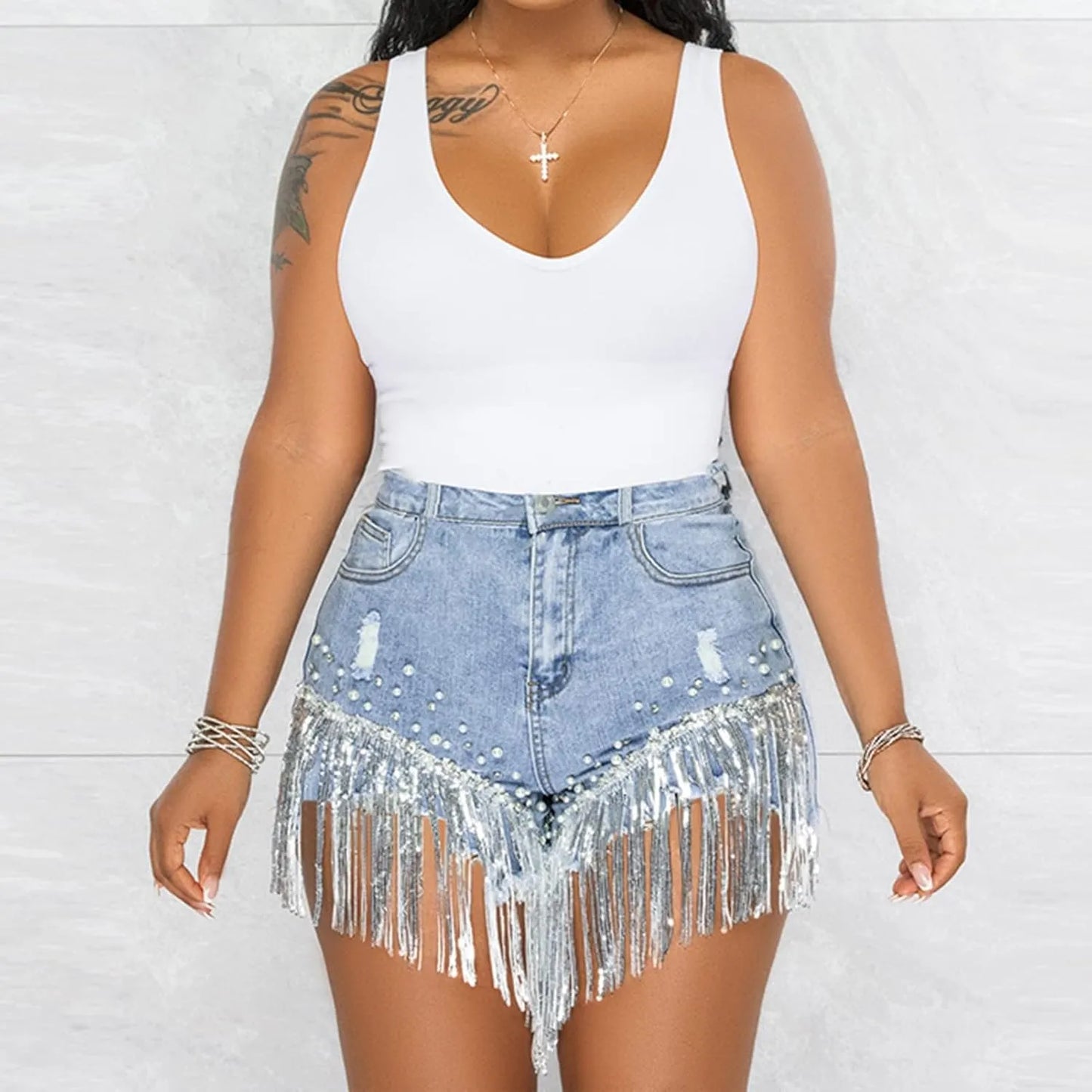 Women’s High-Waisted Denim Shorts with Rhinestone & Pearl Tassels - Frayed Raw Hem Summer Shorts