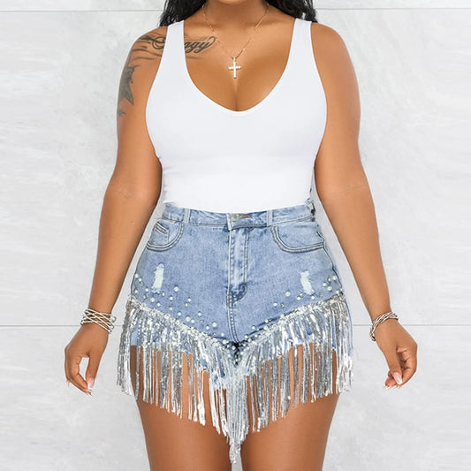 Women’s High-Waisted Denim Shorts with Rhinestone & Pearl Tassels - Frayed Raw Hem Summer Shorts