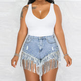 Women’s High-Waisted Denim Shorts with Rhinestone & Pearl Tassels - Frayed Raw Hem Summer Shorts