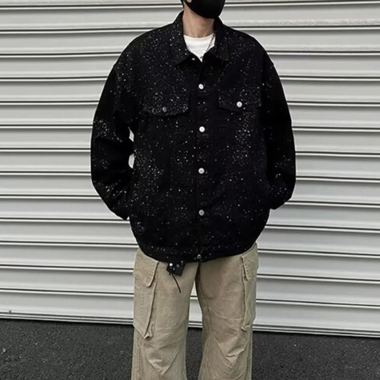 Men’s Rhinestone Jean Jacket - Black Slim Fit Denim Trucker Jacket for Streetwear & Casual Outfits
