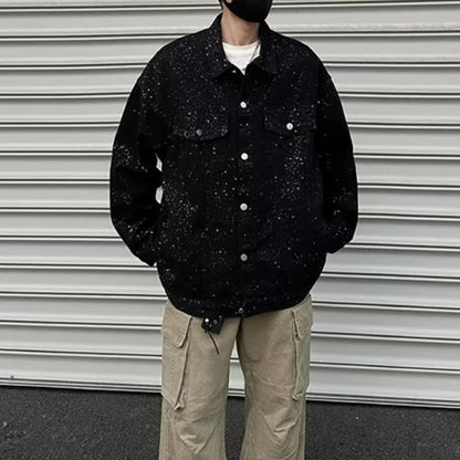 Men’s Rhinestone Jean Jacket - Black Slim Fit Denim Trucker Jacket for Streetwear & Casual Outfits