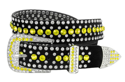 Rhinestone Belt Fashion Western Bling Crystal Studded Design Suede Leather Belt 1-3/8"(35mm) Wide