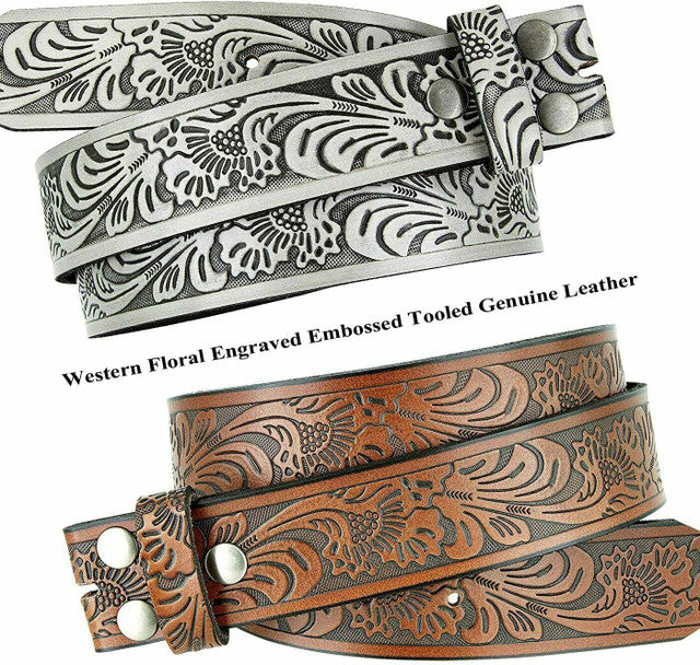 BS220 Western Floral Engraved Embossed Tooled Genuine Leather Belt Strap with Snaps on 1-1/2"(38mm) Wide