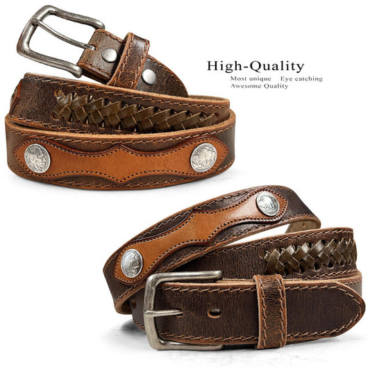 Western Antique Buckle buffalo Indian Coin Conchos Genuine Full Grain Leather Belt
