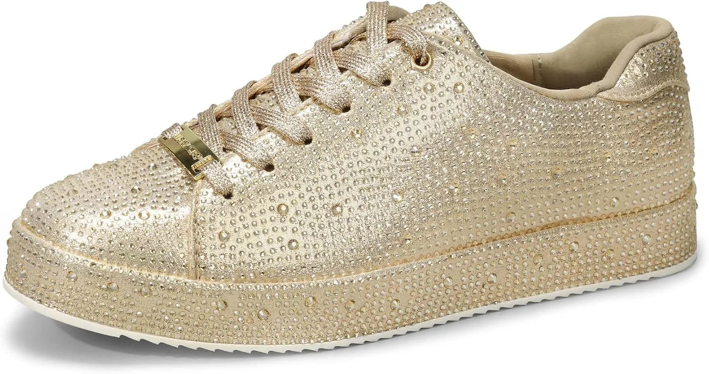 Women’s Rhinestone Tennis Shoes - Sparkly Bling Sneakers, Platform Glitter Lace-Up Casual & Bridal Shoes