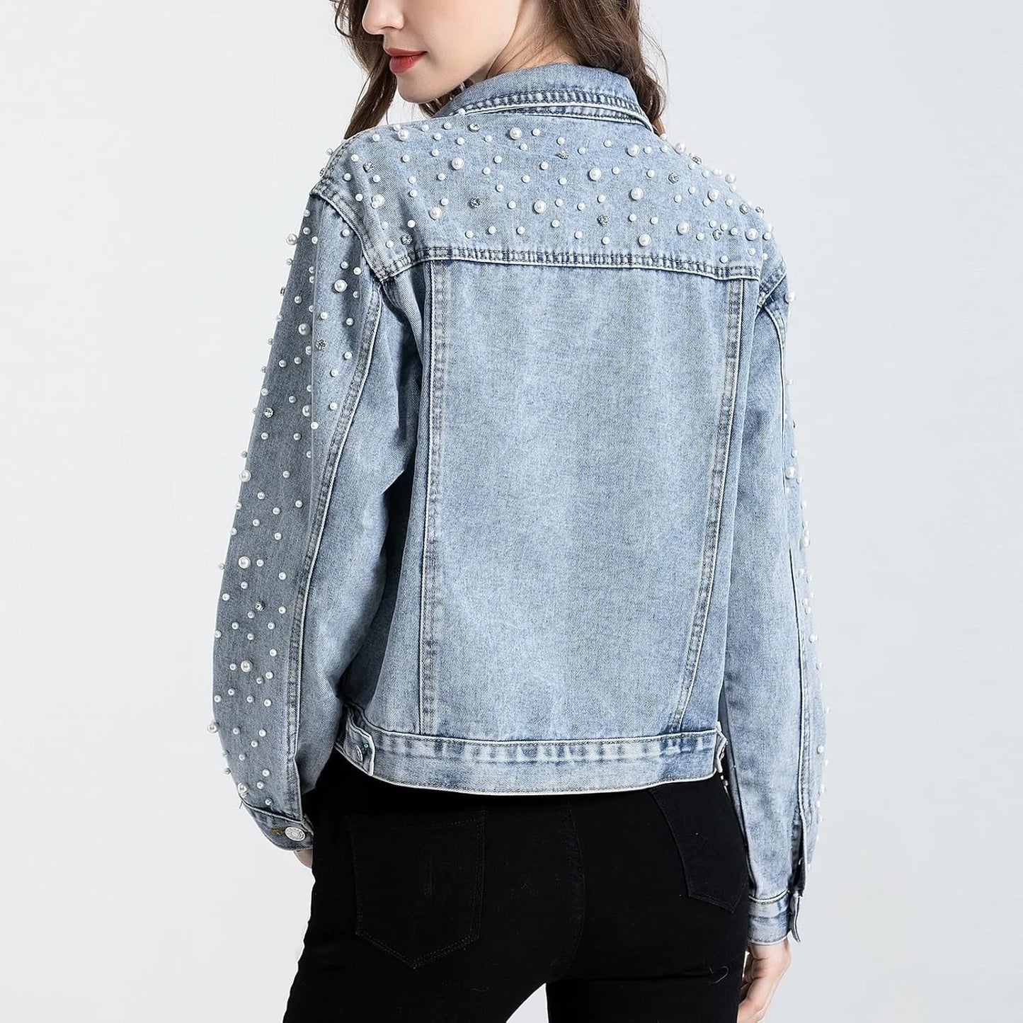 Women's Pearls Denim Jacket Cropped Rhinestones Jean Jacket