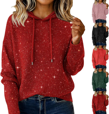 Bling Sequin Hoodie Sweater for Women - Sparkly Glitter Pullover Knit Hoodie Long Sleeve Casual Holiday Sweater Top