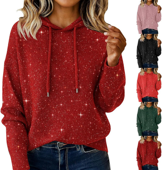 Bling Sequin Hoodie Sweater for Women - Sparkly Glitter Pullover Knit Hoodie Long Sleeve Casual Holiday Sweater Top