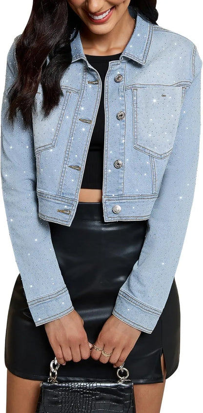 Rhinestone Cropped Denim Jacket for Women - Sparkly Y2K Party & Casual Blazer