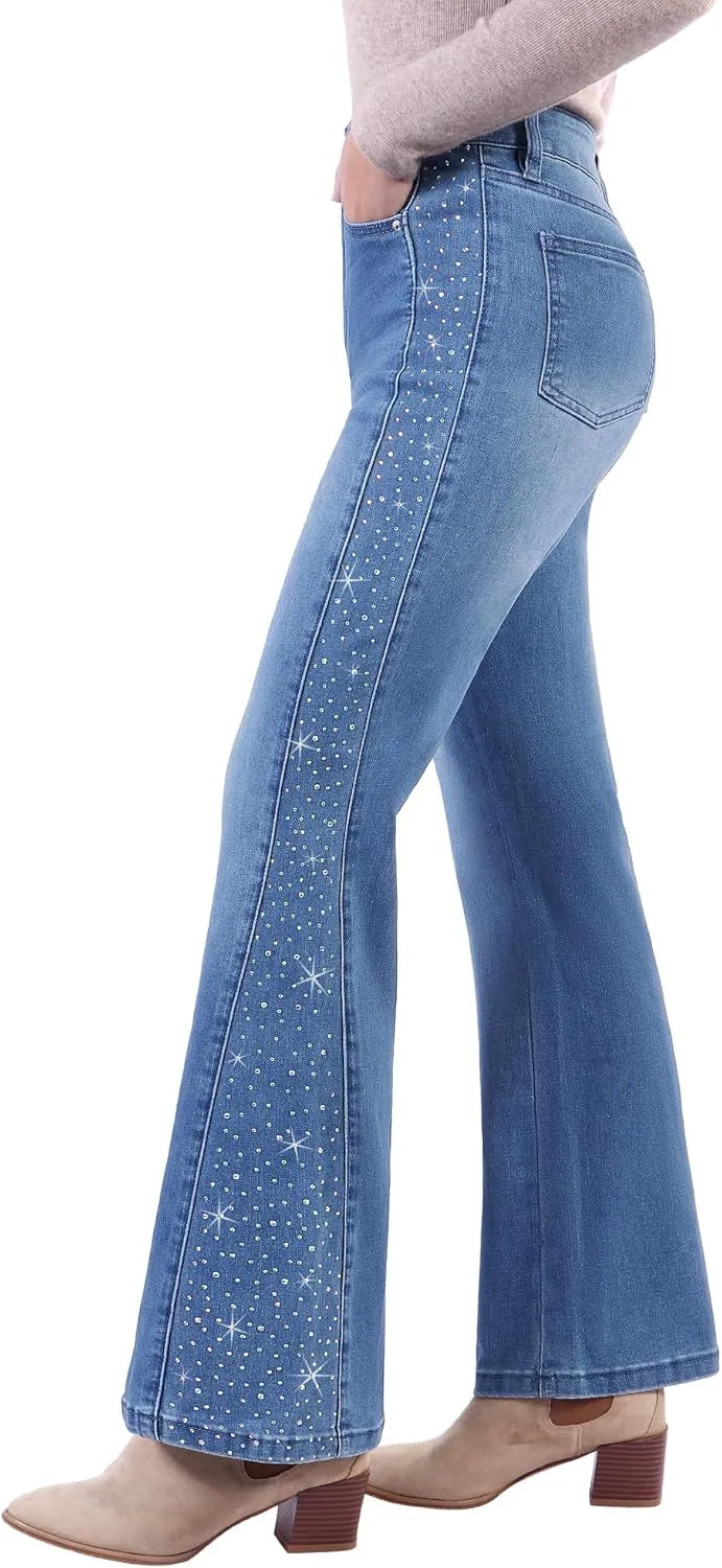 Rhinestone Bootcut Jeans for Women - High Waist Wide Leg Sparkly Denim Pants