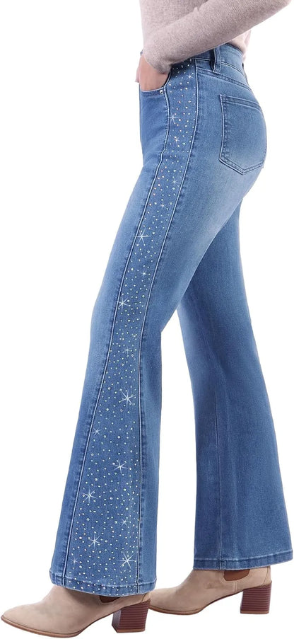Rhinestone Bootcut Jeans for Women - High Waist Wide Leg Sparkly Denim Pants