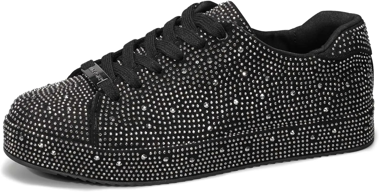 Women’s Rhinestone Tennis Shoes - Sparkly Bling Sneakers, Platform Glitter Lace-Up Casual & Bridal Shoes