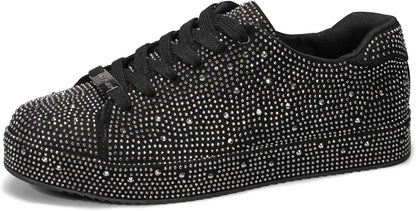 Women’s Rhinestone Tennis Shoes - Sparkly Bling Sneakers, Platform Glitter Lace-Up Casual & Bridal Shoes