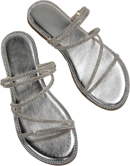 Women’s Rhinestone Strappy Flat Sandals - Sparkling Open Toe Summer Slides for Casual & Party Wear