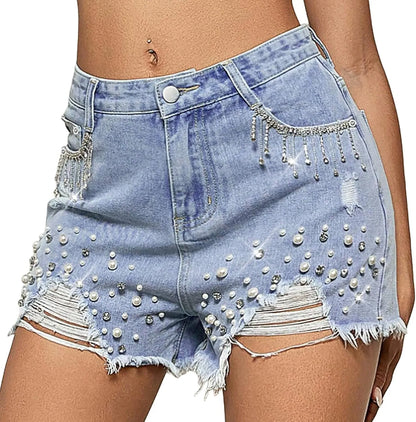 Women’s High-Waisted Denim Shorts with Rhinestone & Pearl Tassels – Frayed Raw Hem Summer Shorts