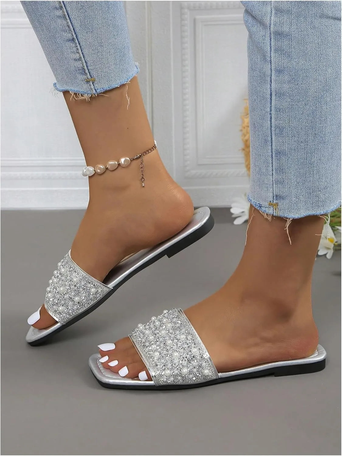 Women’s Rhinestone Flat Sandals - Squared Slip-On Open Toe Summer Slides with Pearl Accents