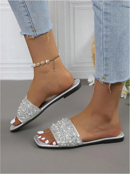 Women’s Rhinestone Flat Sandals - Squared Slip-On Open Toe Summer Slides with Pearl Accents
