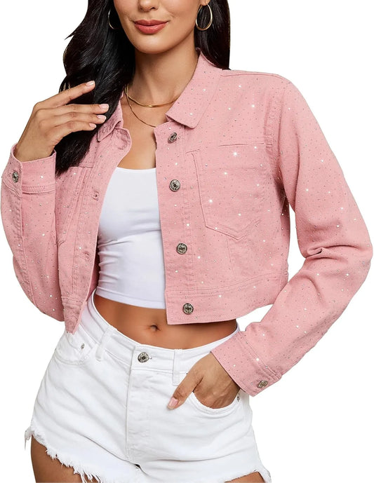 Rhinestone Cropped Denim Jacket for Women - Sparkly Y2K Party & Casual Blazer
