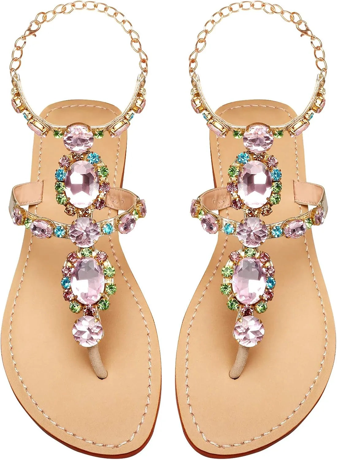 Women’s Rhinestone Gladiator Flat Sandals - Sparkly Crystal Bridal & Beach Wedding Sandals