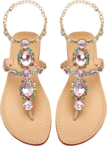 Women’s Rhinestone Gladiator Flat Sandals - Sparkly Crystal Bridal & Beach Wedding Sandals