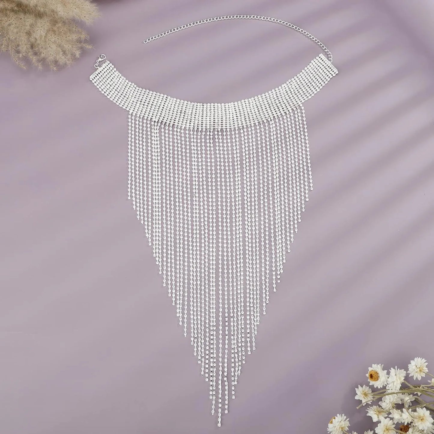 Rhinestone Tassel Necklace for Women - Geometric Chains Neck Choker