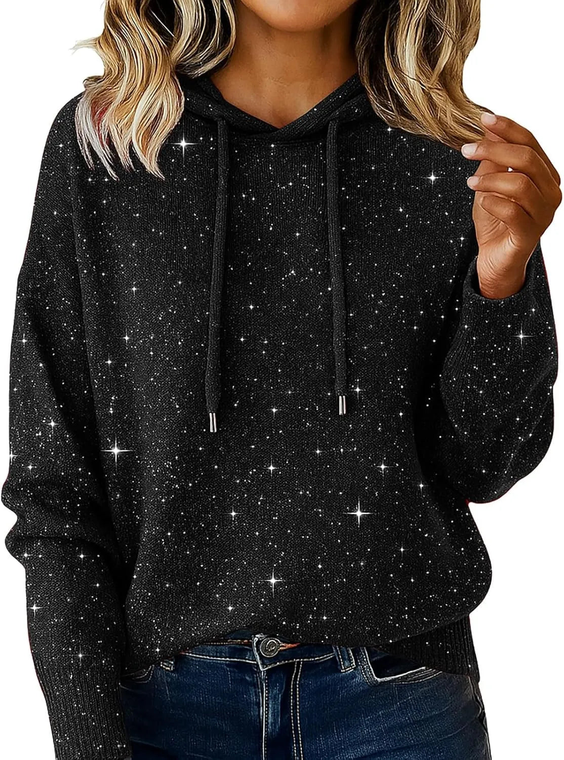 Bling Sequin Hoodie Sweater for Women - Sparkly Glitter Pullover Knit Hoodie Long Sleeve Casual Holiday Sweater Top